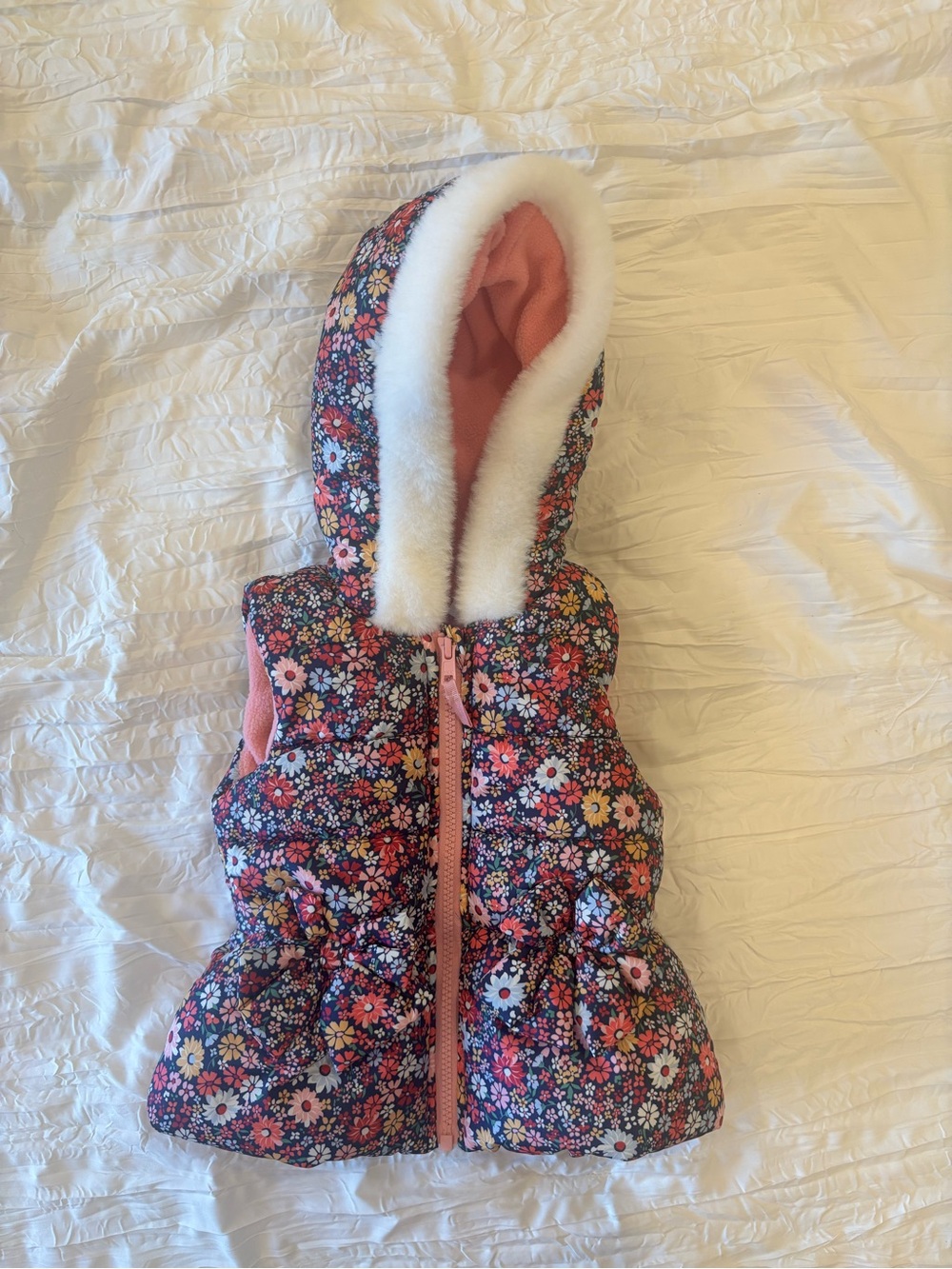 Little Me Floral Hooded Puffer Vest in Navy with Floral Pink Accents